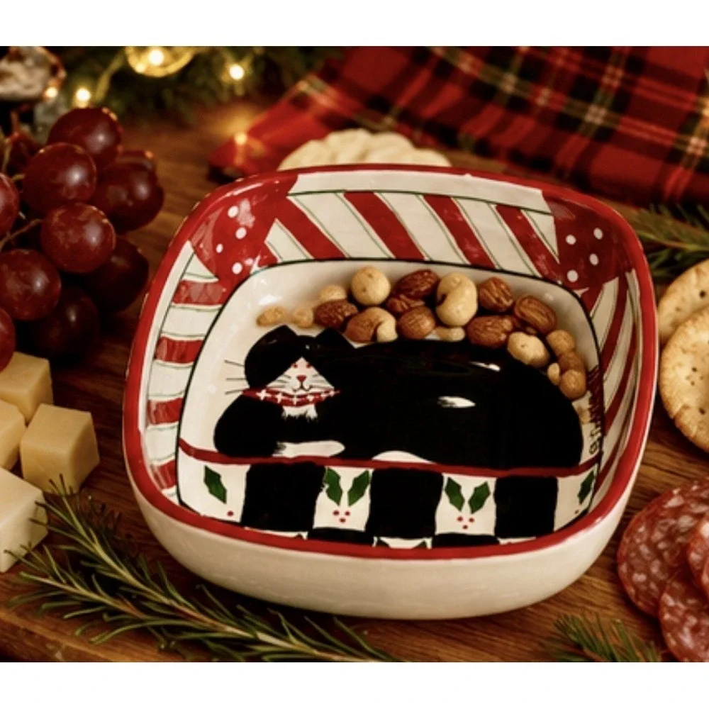 Sakura By Oneida  Candy Cane Cat Square Serving Bowl Tuxedo Cat Fiddlesticks 6